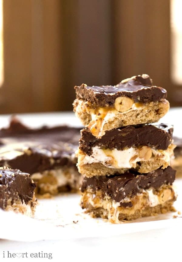 Salted Caramel Pretzel Shorbread Bars Recipe - I Heart Eating