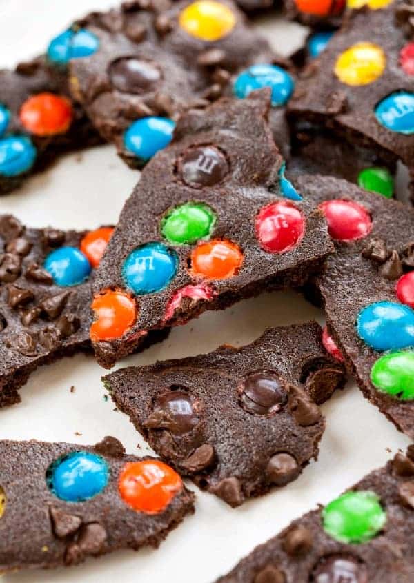 Chewy Chocolate M&M Brownie Bark - Sweetest Menu