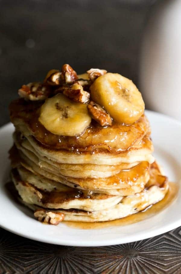 Chocolate Chip Ricotta Pancakes with Caramelized Bananas - I Heart Eating