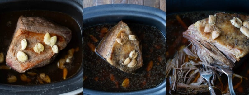 Browned roast with garlic in a slow cooker insert