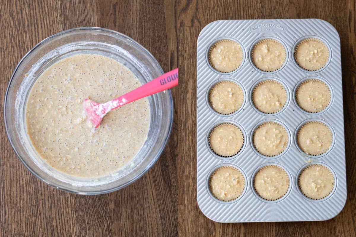 Pâte à muffins à l'avoine dans un bol de mélange en verre à côté de la pâte à muffins à l'avoine dans un moule à muffins.