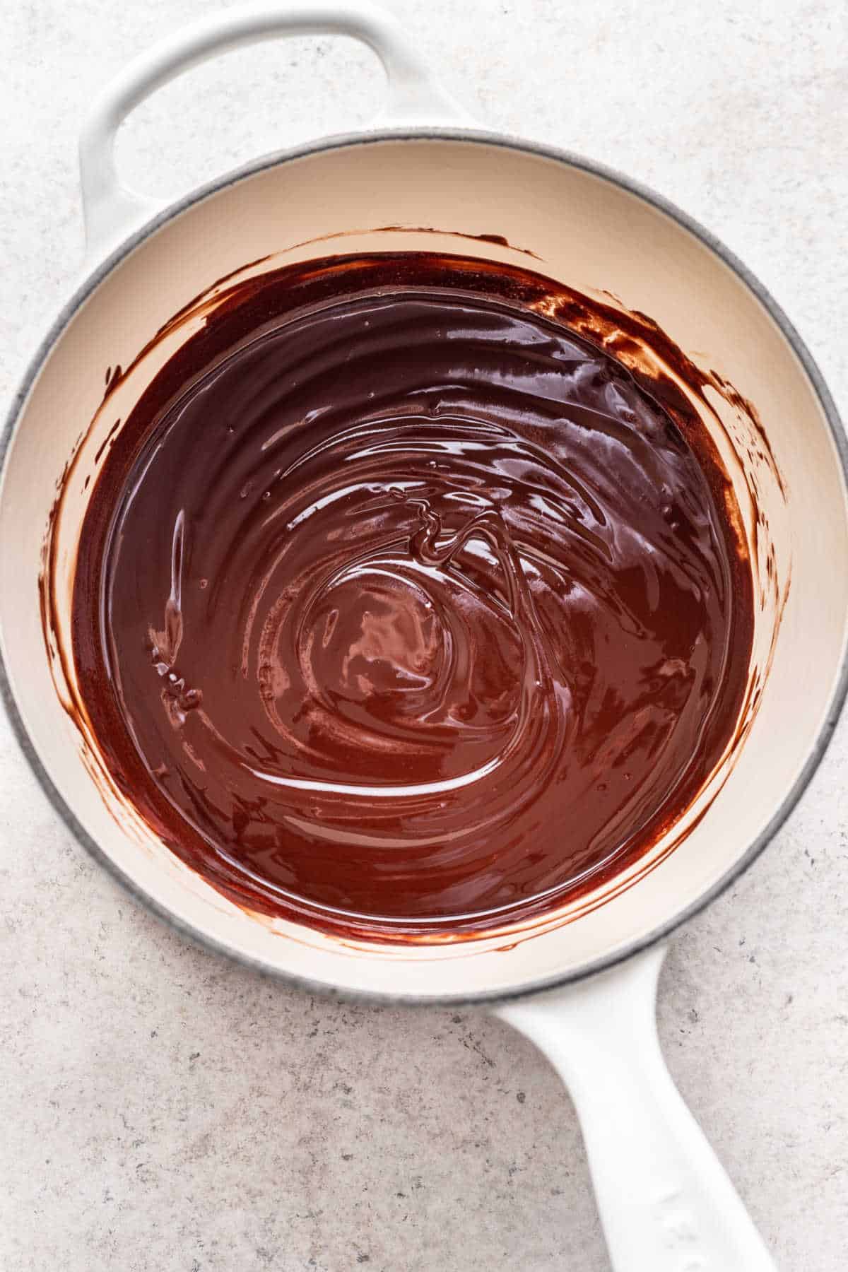 Melted butter and chocolate in a saucepan.