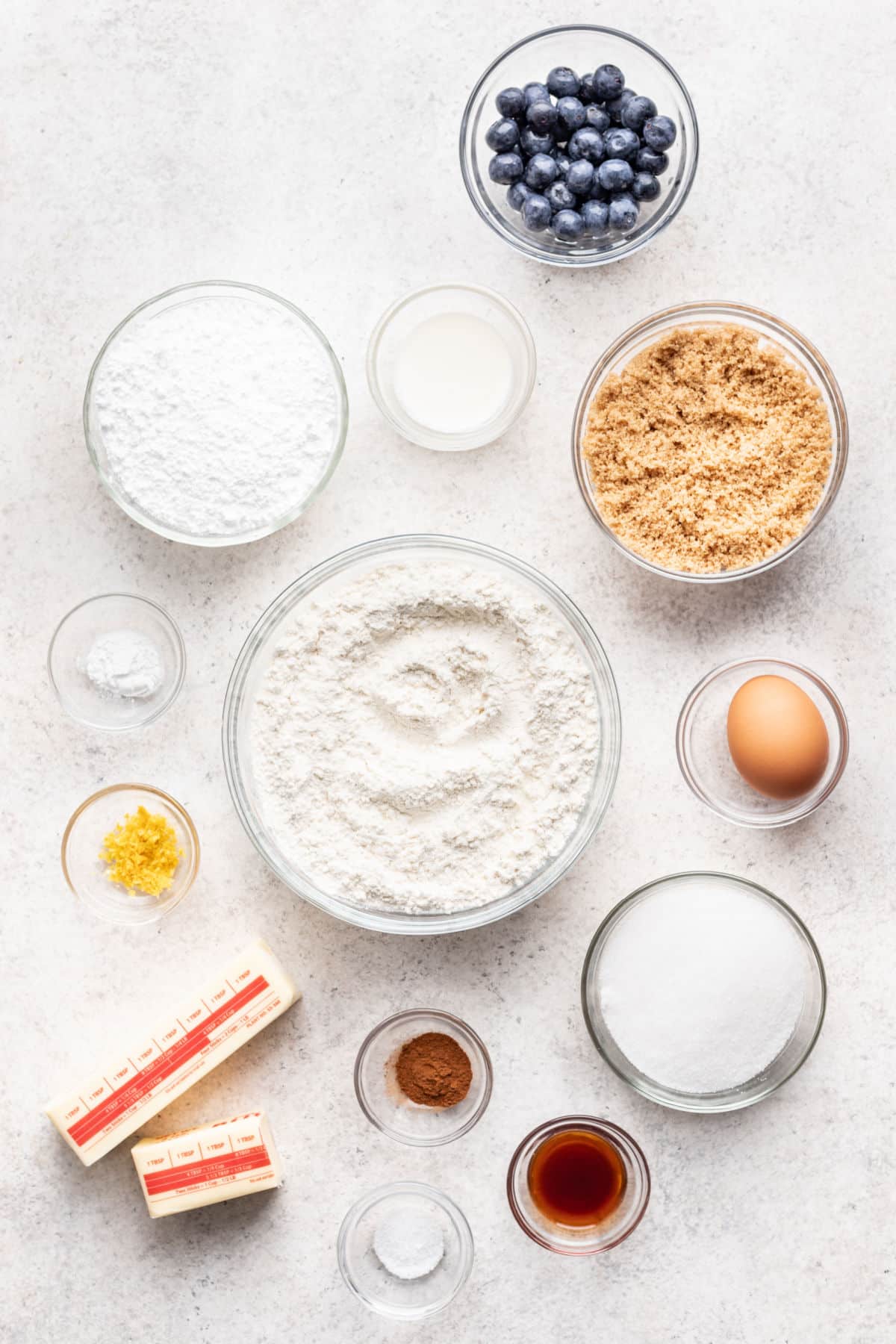 Ingredients for blueberry muffin cookies in dishes. 