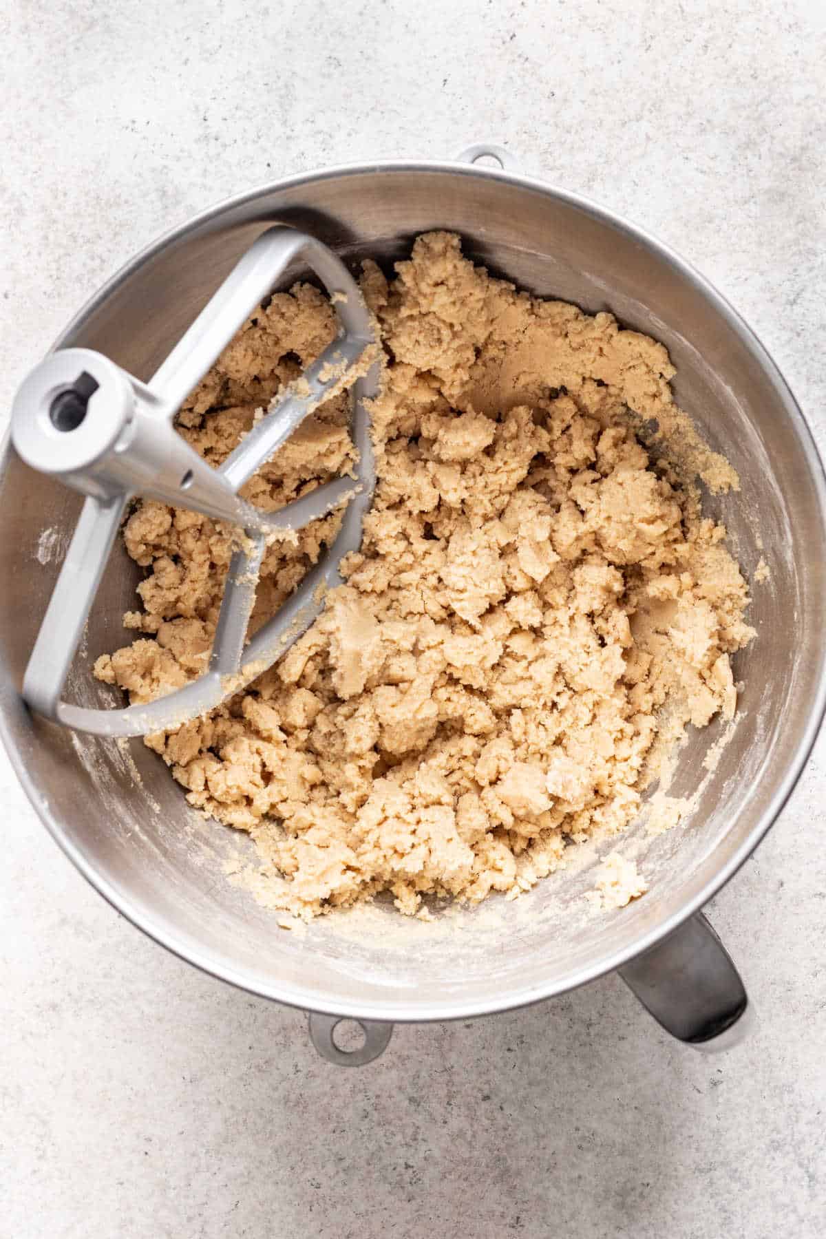 Dry ingredients mixed into wet ingredients for blueberry muffin cookies. 