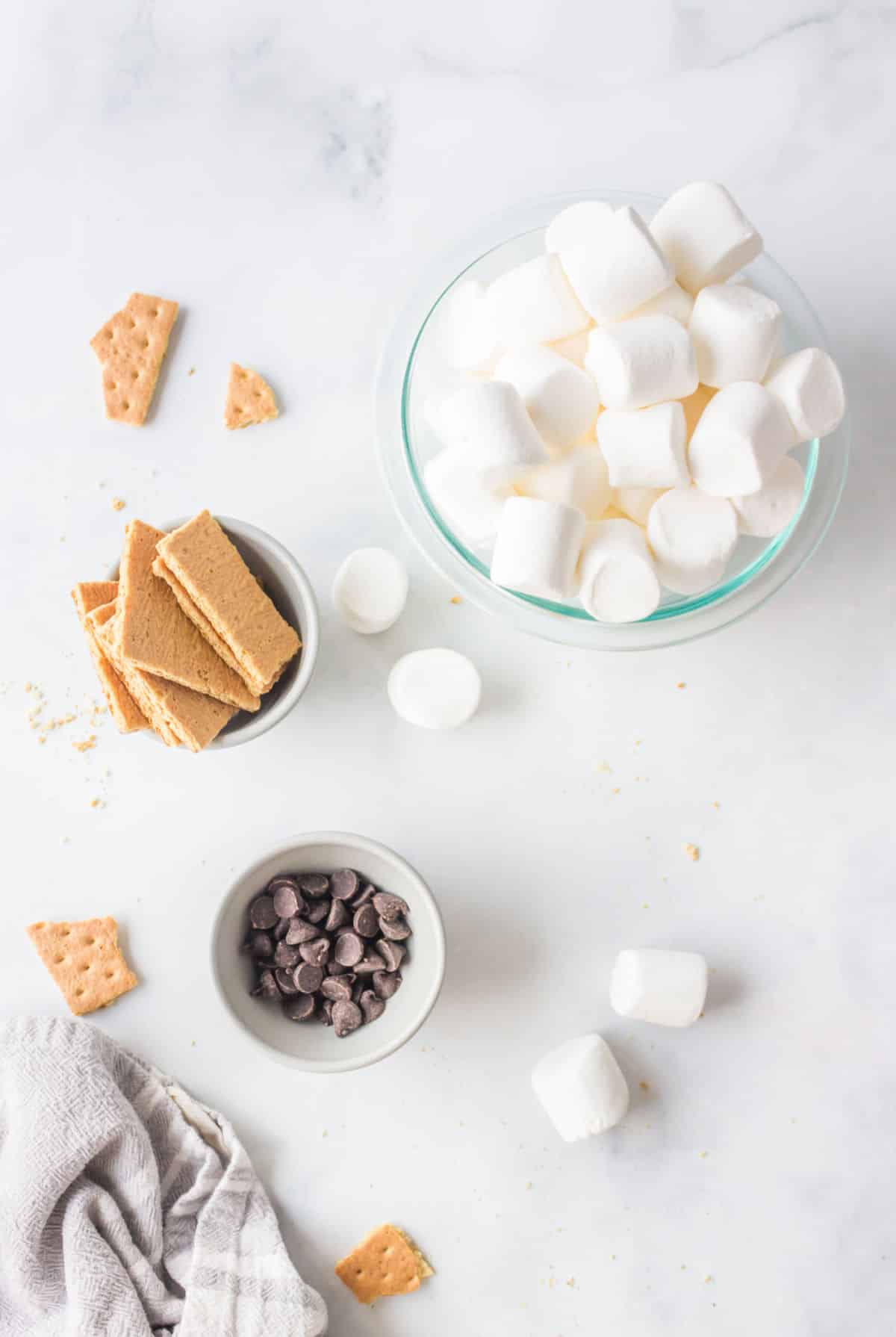 Ingredients for s'mores dip in dishes. 