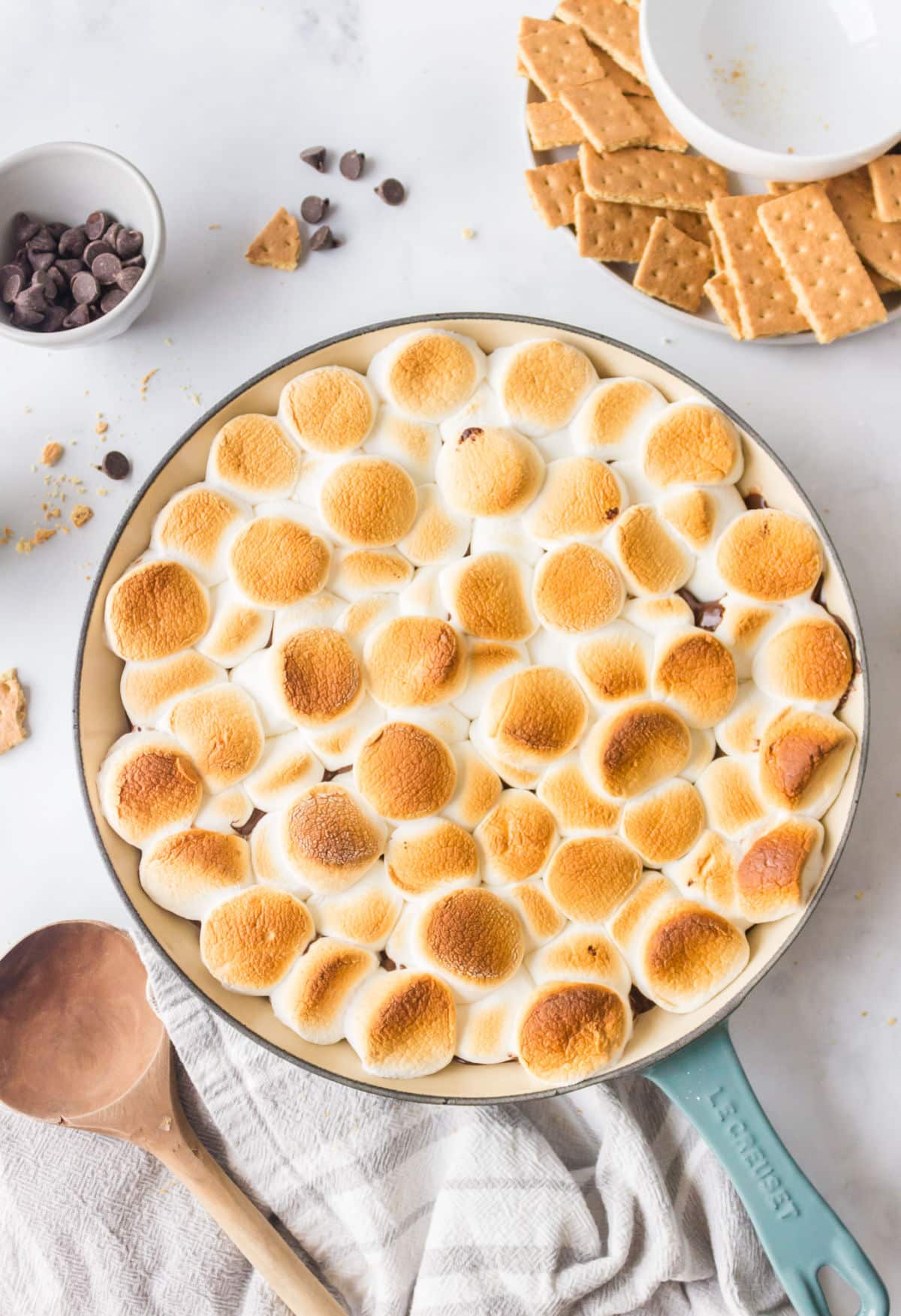 S'mores dip in a cast iron skillet.