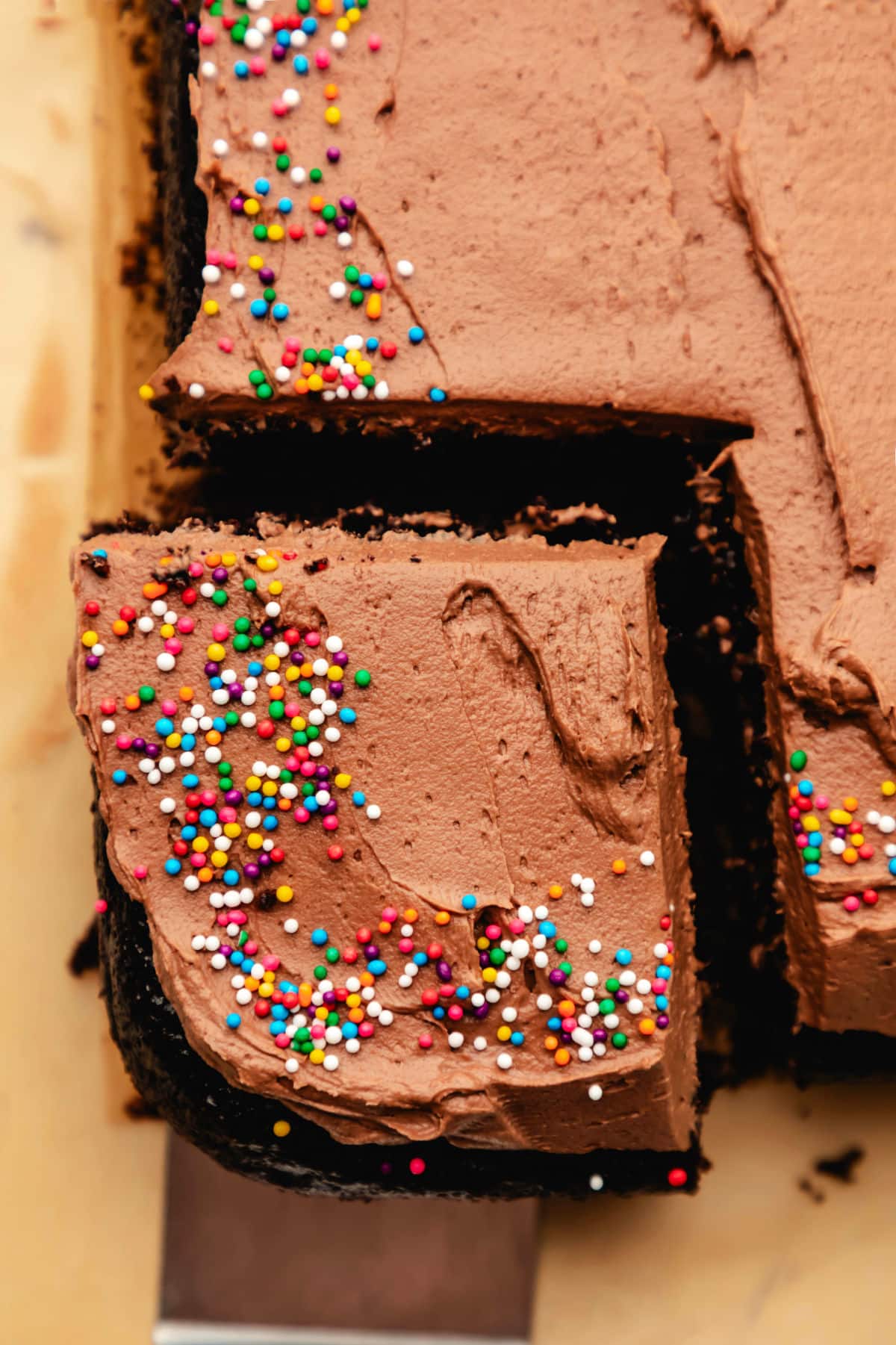 A spatula holding a frosted piece of chocolate sheet cake. 