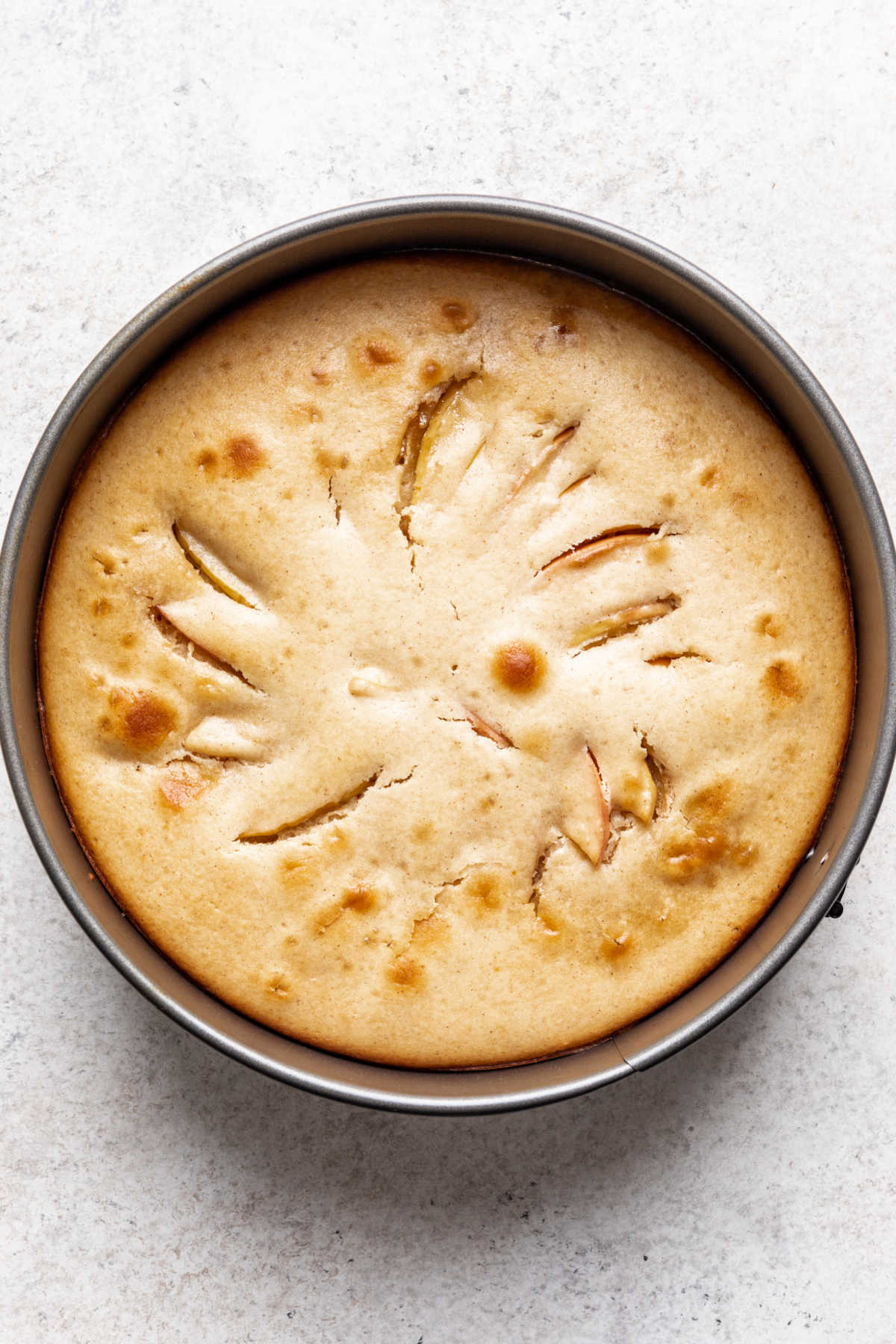 Baked apple upside down cake in a cake pan. 