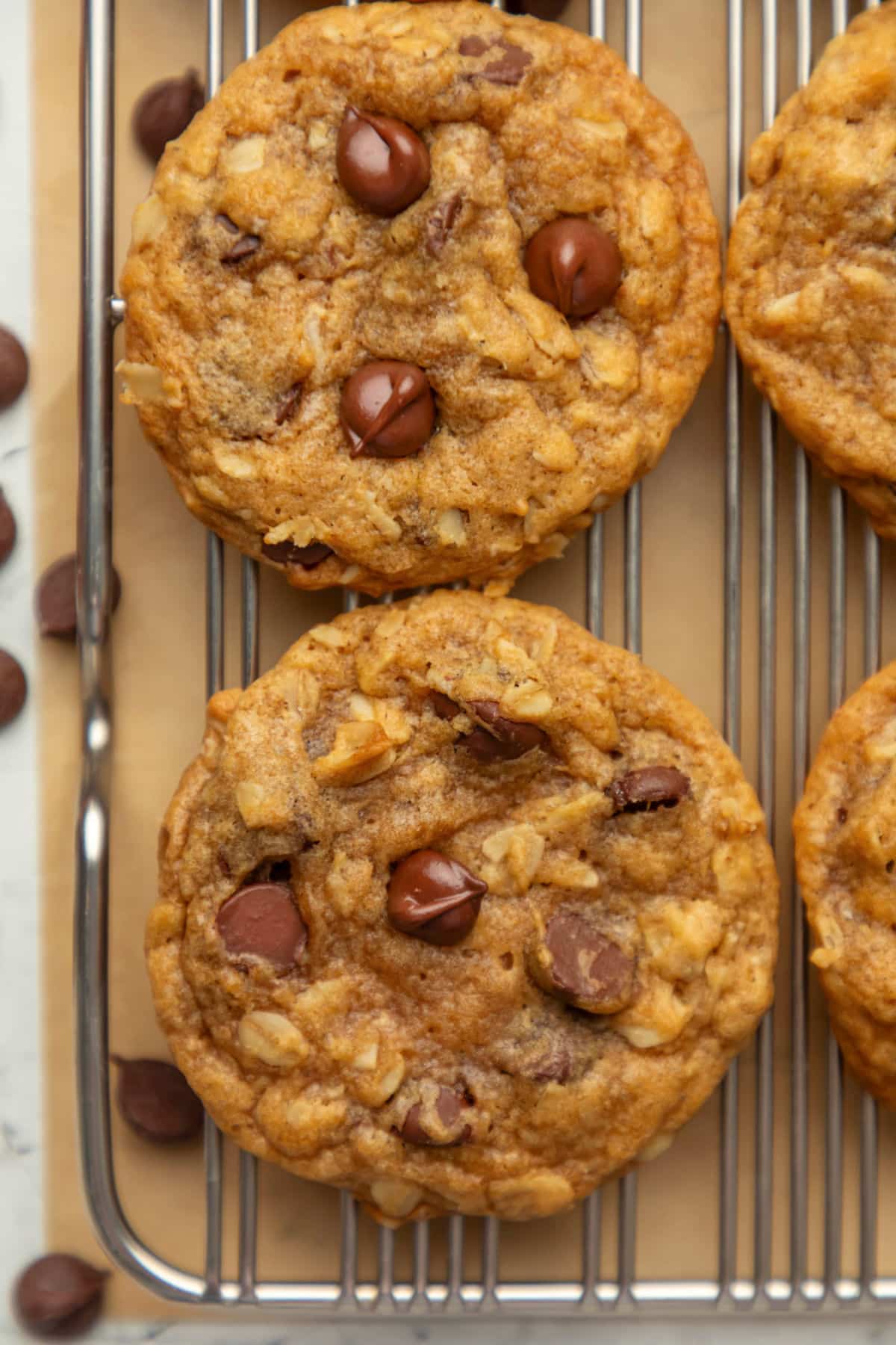 A row of pumpkin oatmeal cookies on a wire cooling rack.