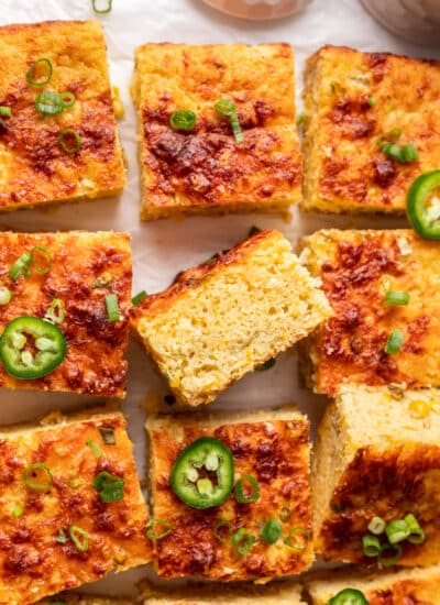 Cut slices of Mexican cornbread with one turned on its side.