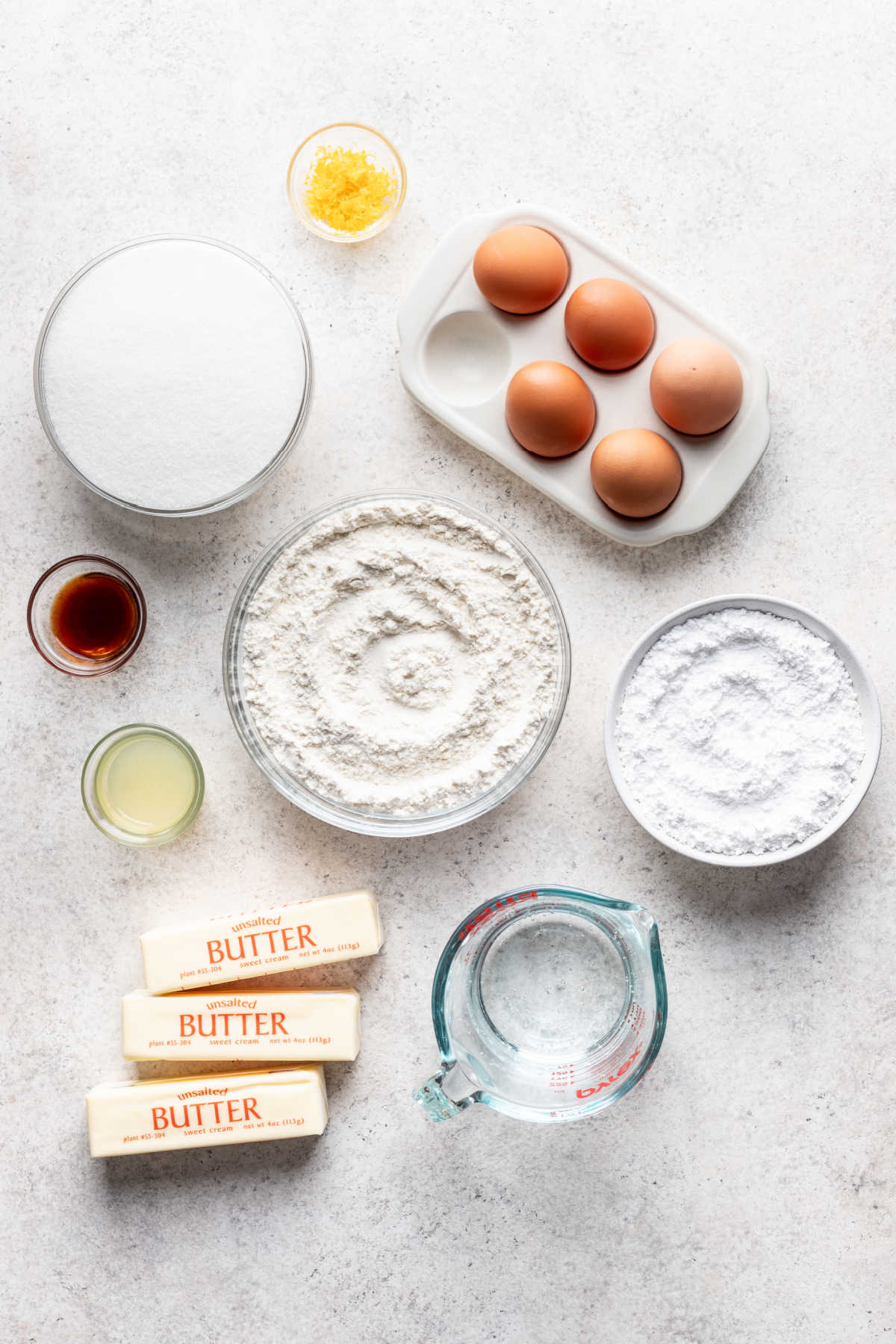 Ingredients for 7 up pound cake in dishes. 