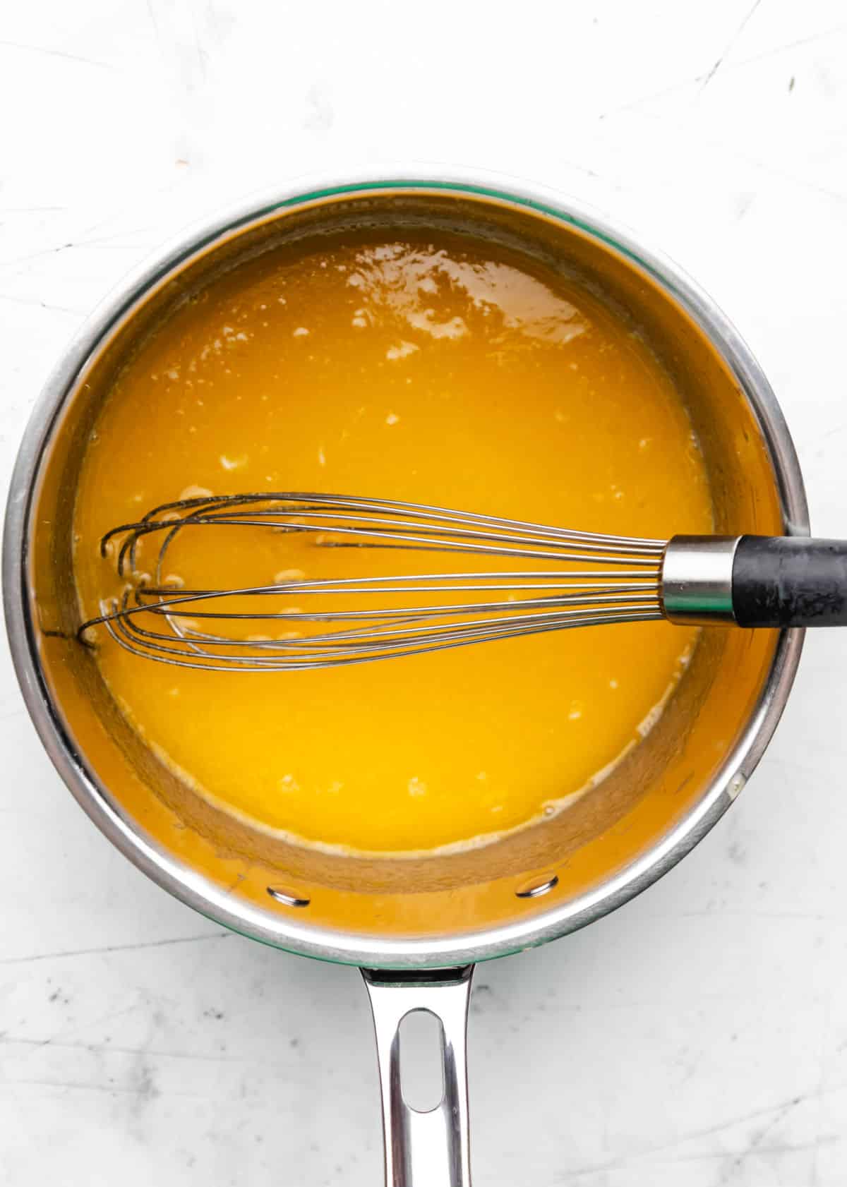 Lemon juice, egg yolks, lemon zest and sugar whisked in a saucepan.