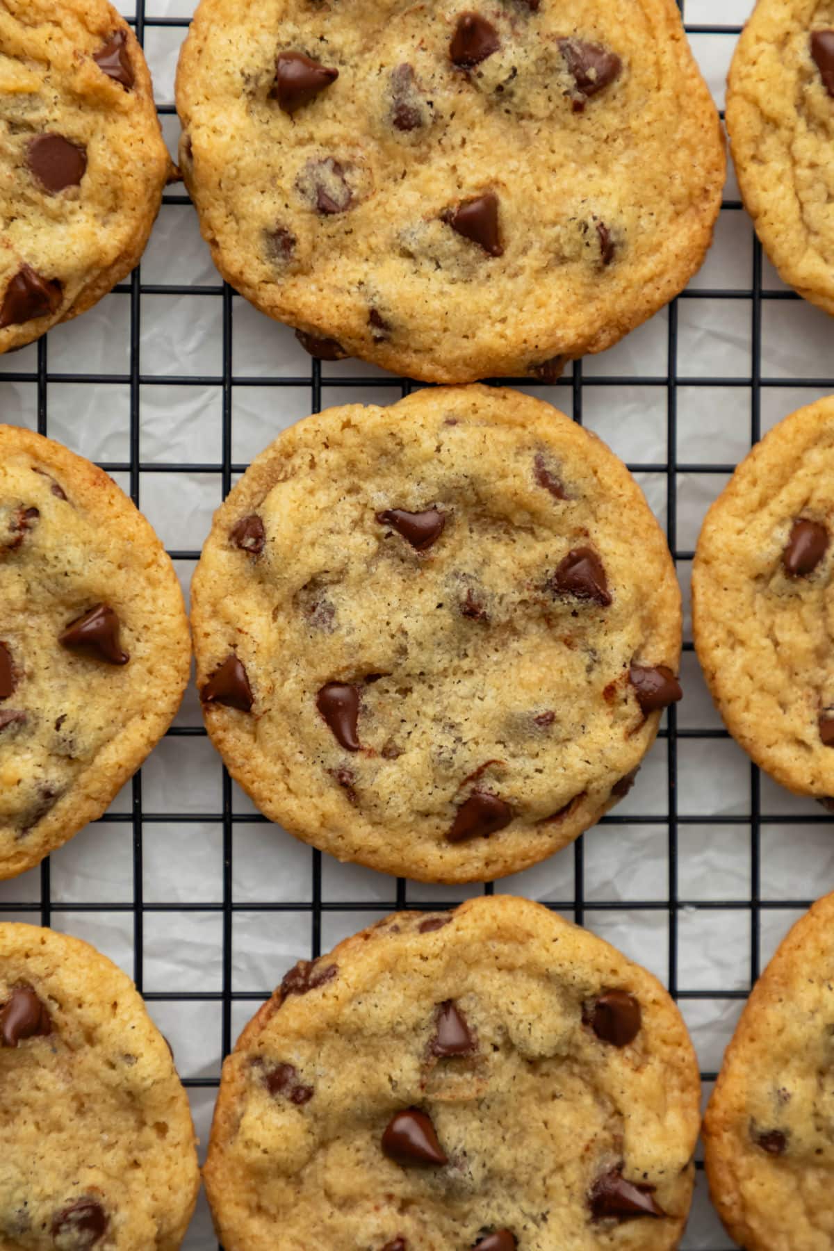 Three rows of eggless chocolate chip cookies on a wire cooling rack.