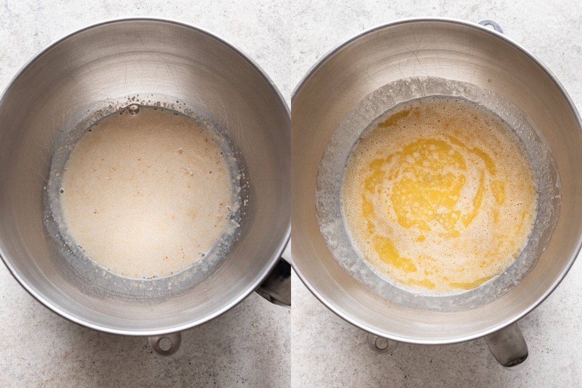 Bloomed yeast in milk next to a mixing bowl with bloomed yeast and butter and egg. 