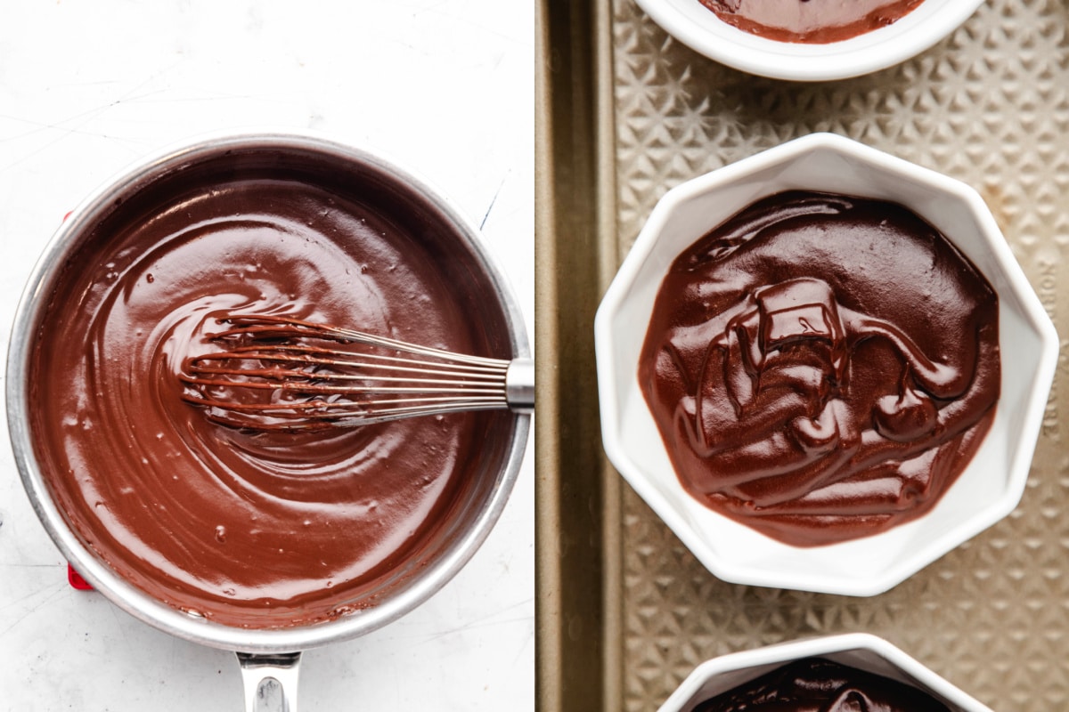 Finished chocolate pudding in a saucepan next to chocolate pudding in a ramekin.