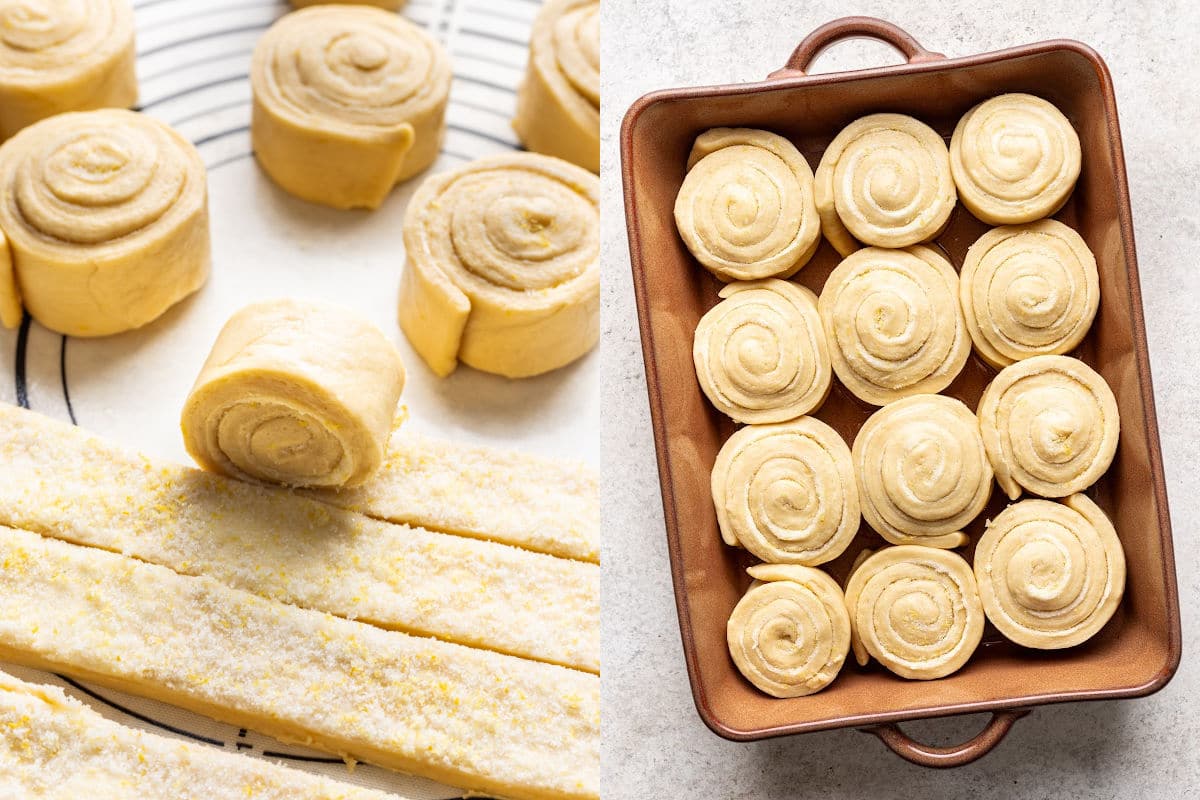 Strips of dough rolling into rolls next to a pan of unbaked lemon rolls. 