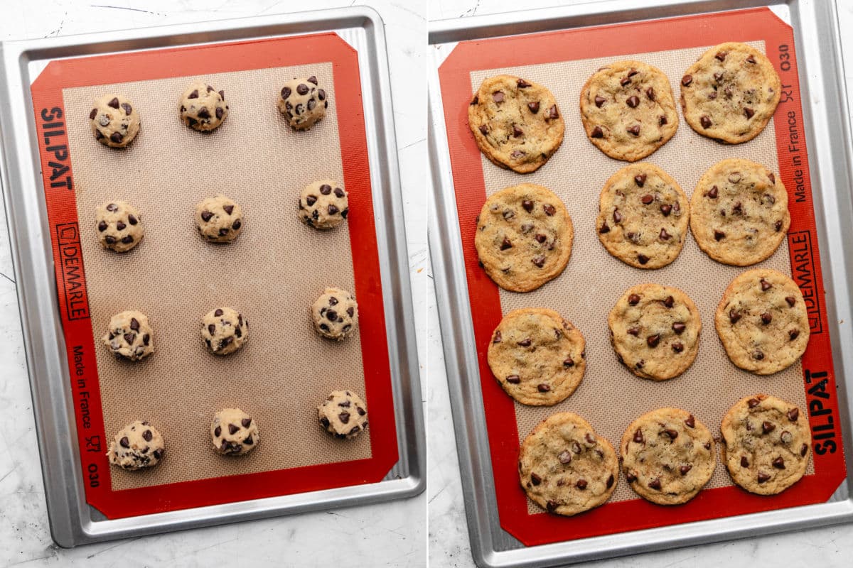 Boules de pâte à cookie sans œufs à côté d'une plaque de cookies cuits.