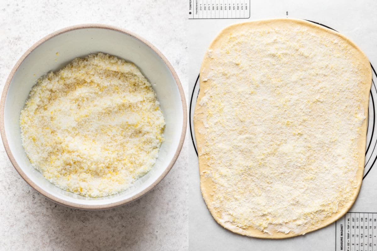 A bowl of lemon sugar filling next to dough spread with butter and lemon sugar. 