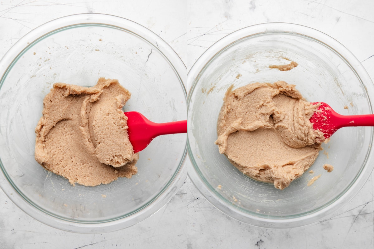 A photo of creamed butter and sugar next to creamed butter and sugar with vanilla and heavy cream in it. 