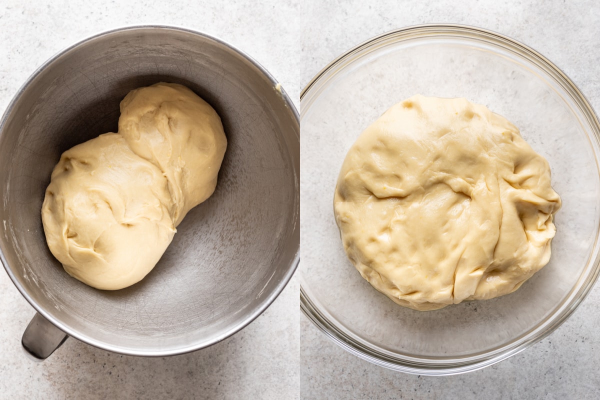 Unrisen and risen lemon roll dough in mixing bowls. 