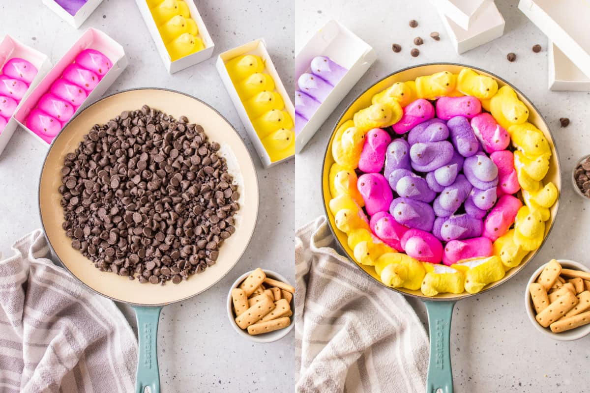 chocolate chips in a skillet next to Peeps on chocolate chips in a skillet. 