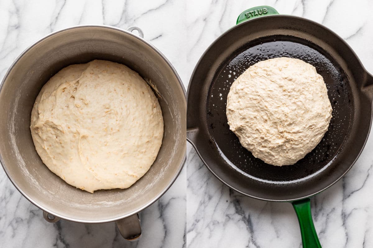 Pâte à pain au miel et à l'avoine levée dans un bol à mélanger à côté du pain cuit à la poêle au miel et à l'avoine.