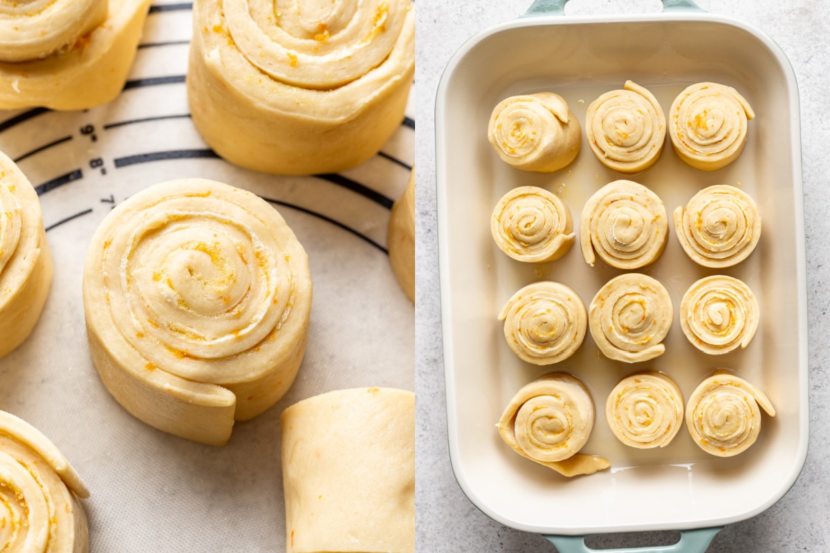 Pâte à brioche à l'orange enroulée dans un plat.