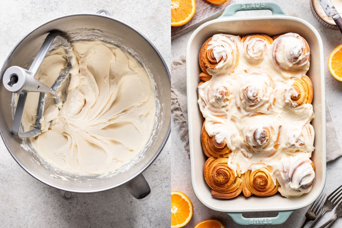 Un bol de mélange avec du glaçage au fromage à la crème à côté d'un plat de brioches à l'orange partiellement glaçées.