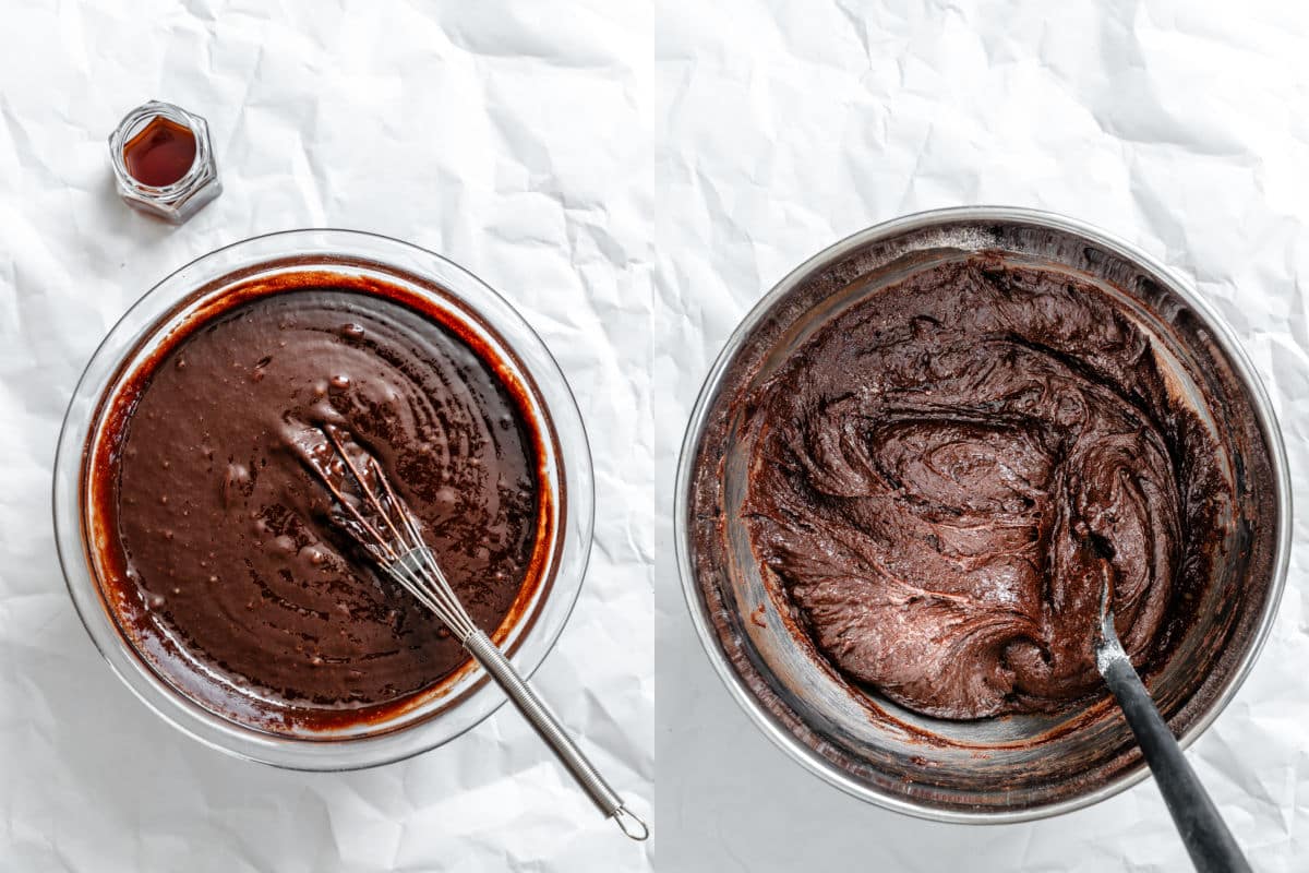 Vanille fouettée dans le mélange de brownie et un bol de pâte à brownies.