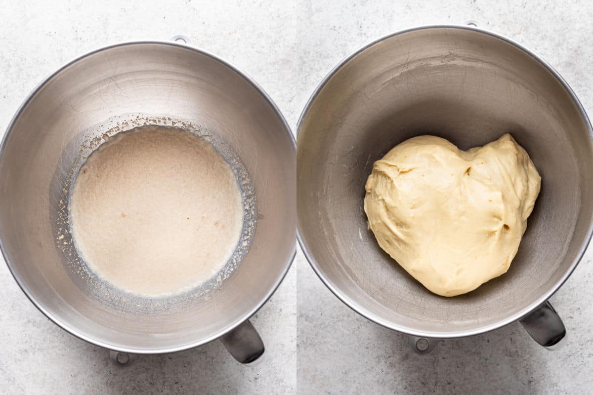 Levure en train de gonfler dans un bol à mélanger à côté de la pâte à brioche à l'orange.