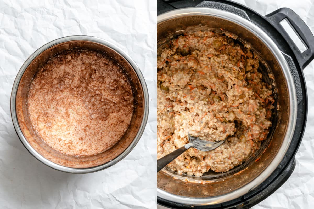 Mélange de porridge aux carottes cru dans une mijoteuse à côté d'un porridge aux carottes cuit dans une mijoteuse.