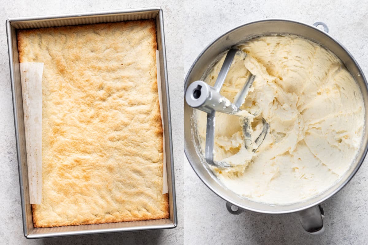 Barres de cookies au citron cuites dans un moule à pâtisserie à côté du glaçage au beurre au citron dans un bol.