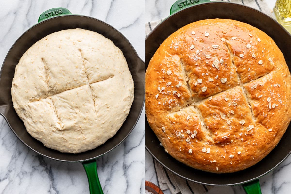 Pâte à pain au miel et à l'avoine avec des incisions coupées à côté d'un pain cuit au miel et à l'avoine.